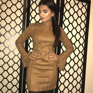 Long sleeve brown suede dress w/ stitching detail
